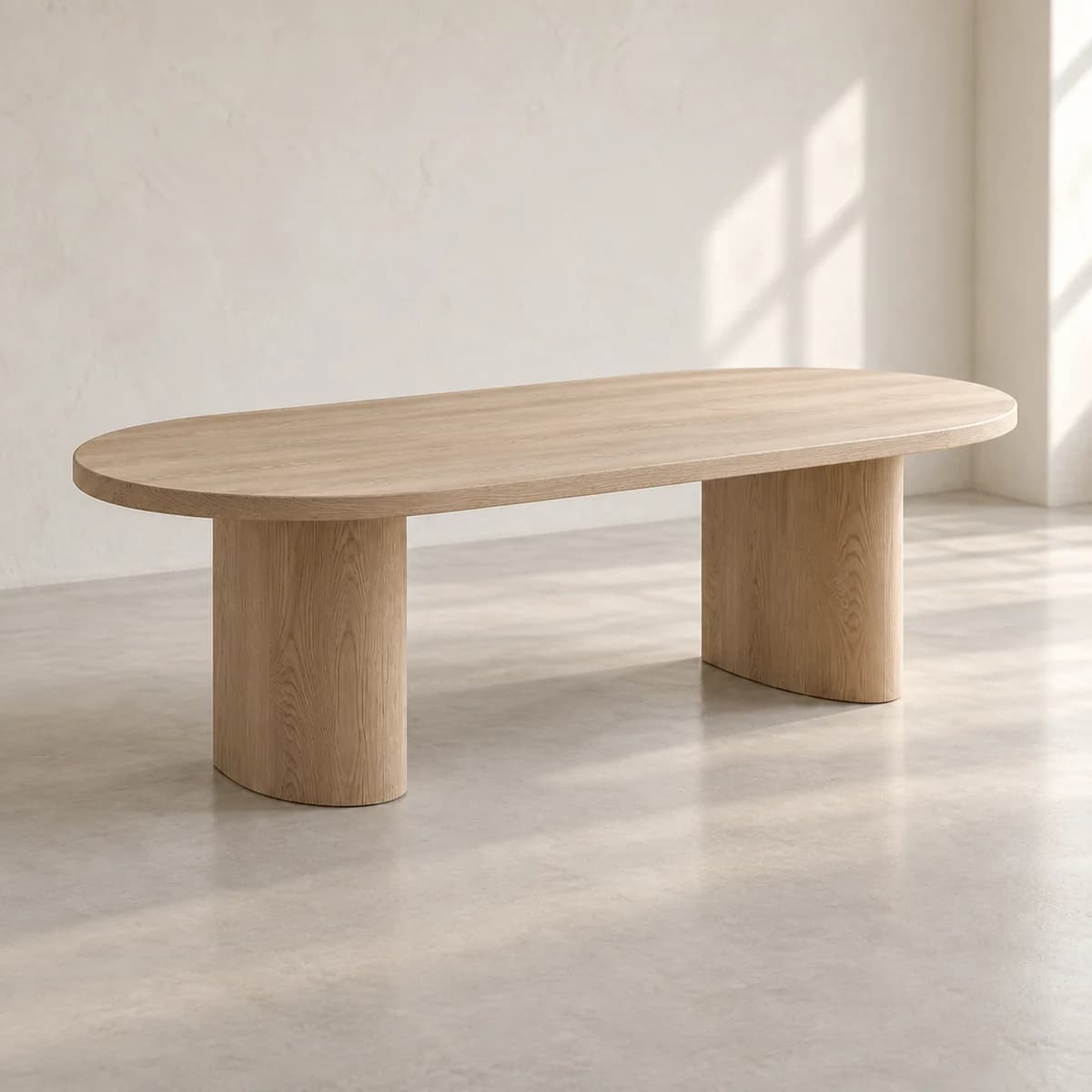Arc Dining Table, alternate view in a softly lit plaster studio; AI-generated product concept
