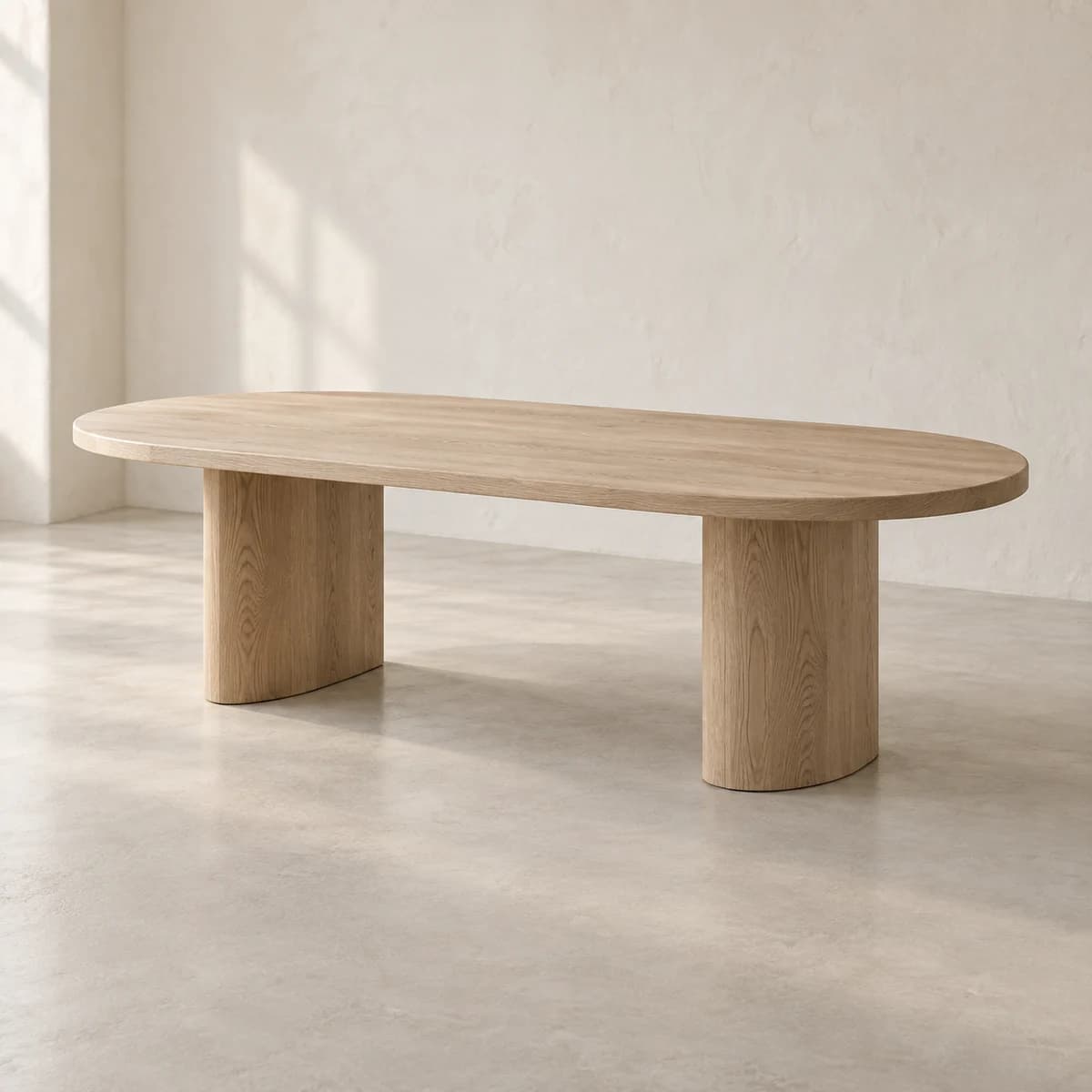 Arc Dining Table, solid timber furniture in a warm plaster studio; AI-generated product concept