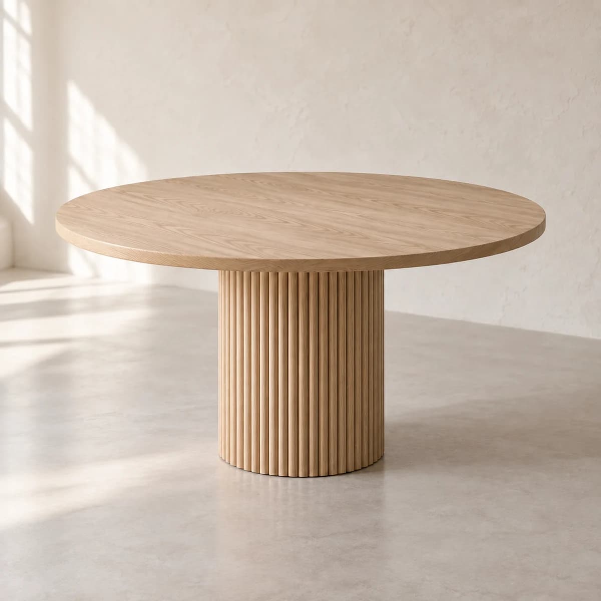 Cove Round Table, alternate view in a softly lit plaster studio; AI-generated product concept