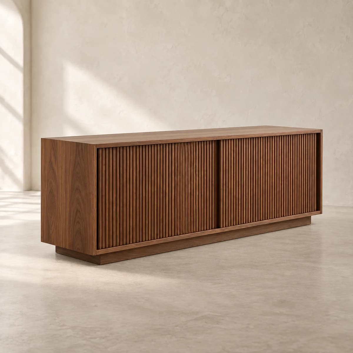 Fold Credenza, alternate view in a softly lit plaster studio; AI-generated product concept