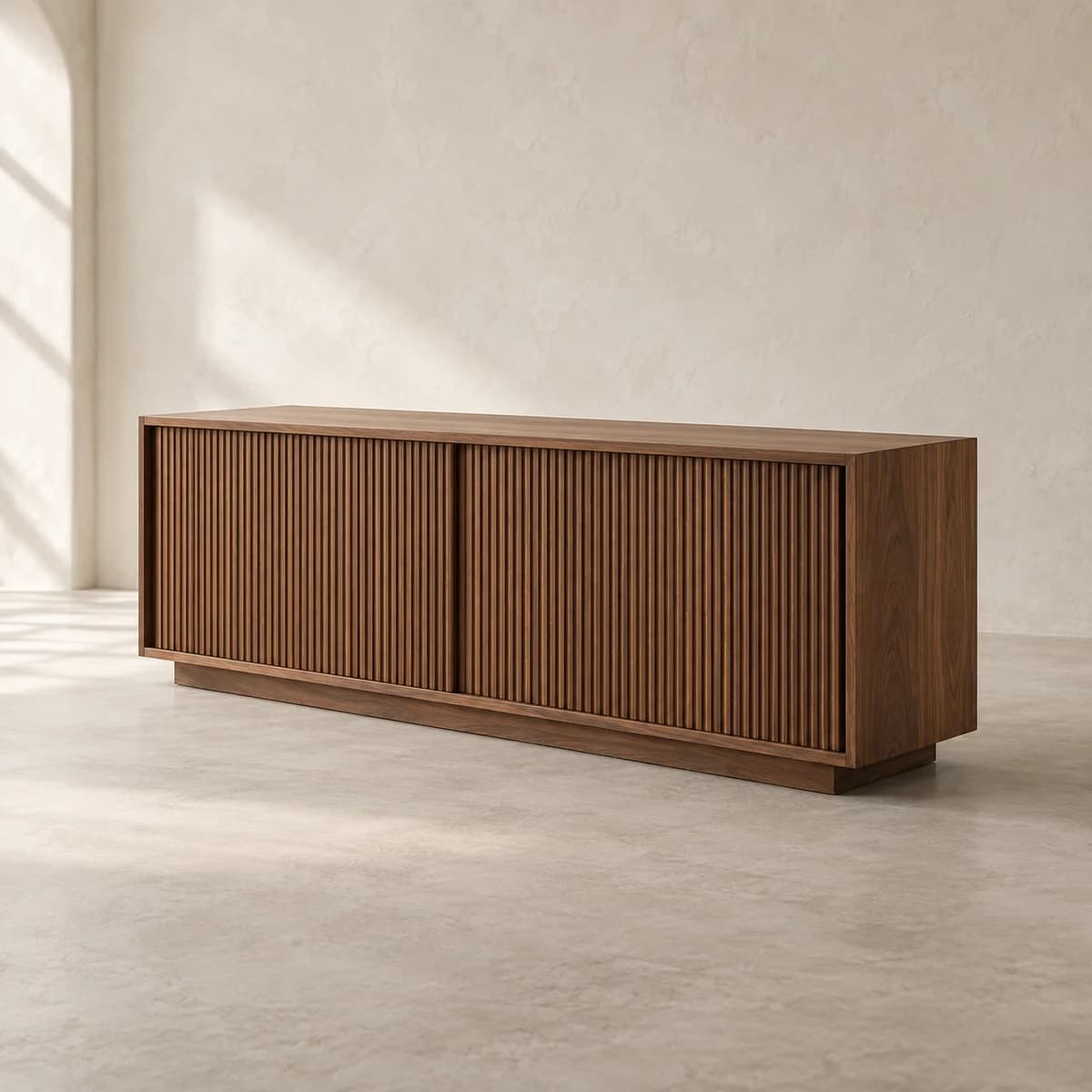 Fold Credenza, solid timber furniture in a warm plaster studio; AI-generated product concept