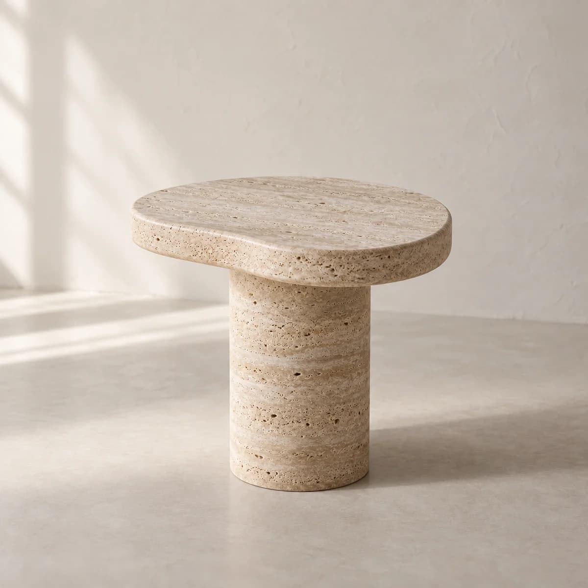 Pebble Side Table, alternate view in a softly lit plaster studio; AI-generated product concept