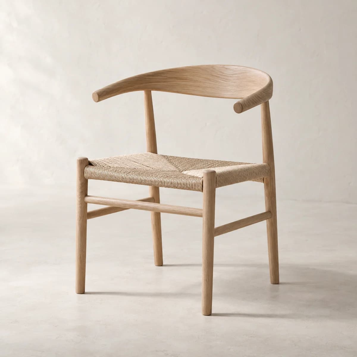 Reed Dining Chair, solid timber furniture in a warm plaster studio; AI-generated product concept