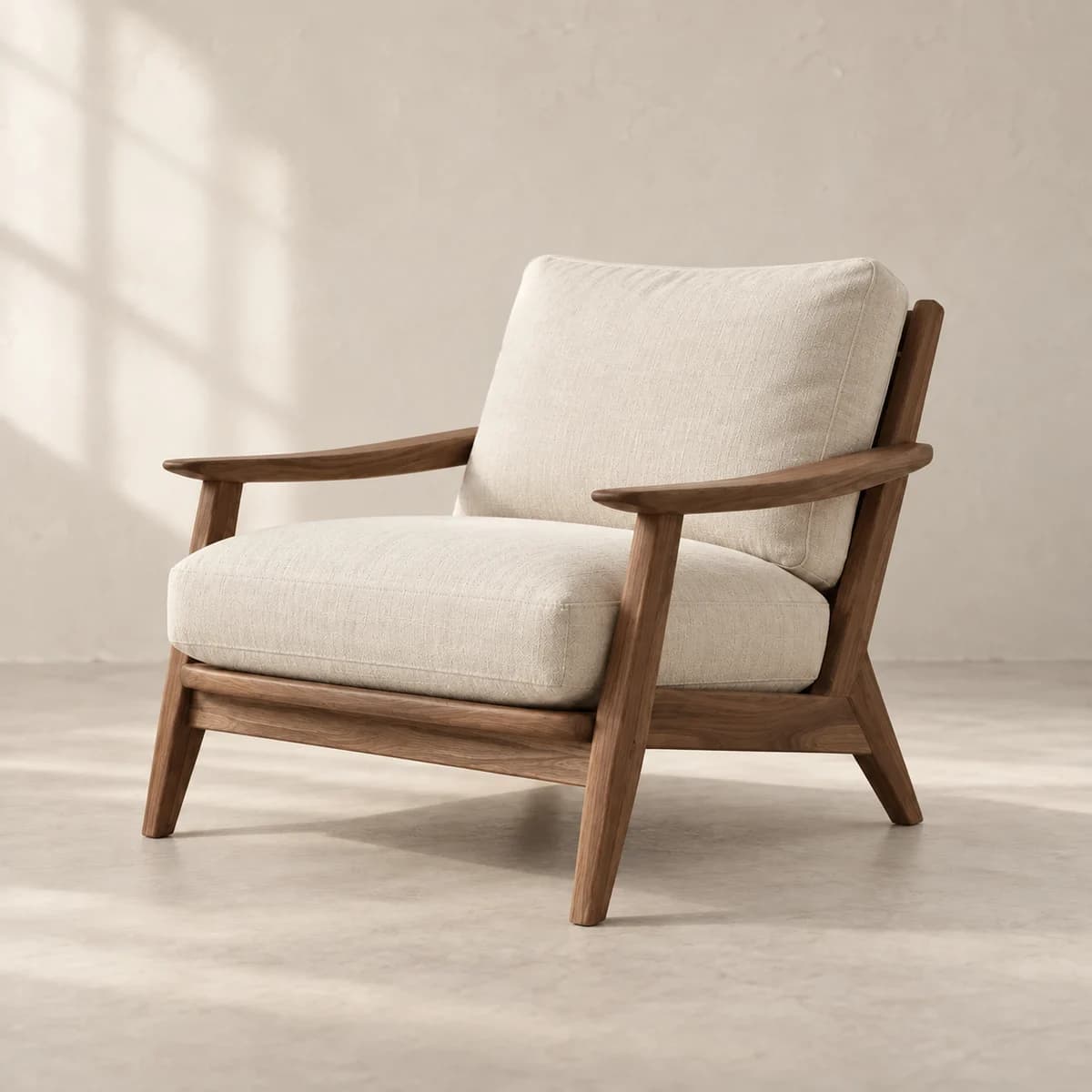 Vale Lounge Chair, alternate view in a softly lit plaster studio; AI-generated product concept
