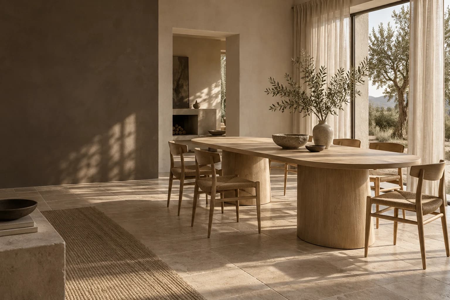 Sculptural oak dining table in a sunlit room with linen drapes and limestone floors; AI-generated interior