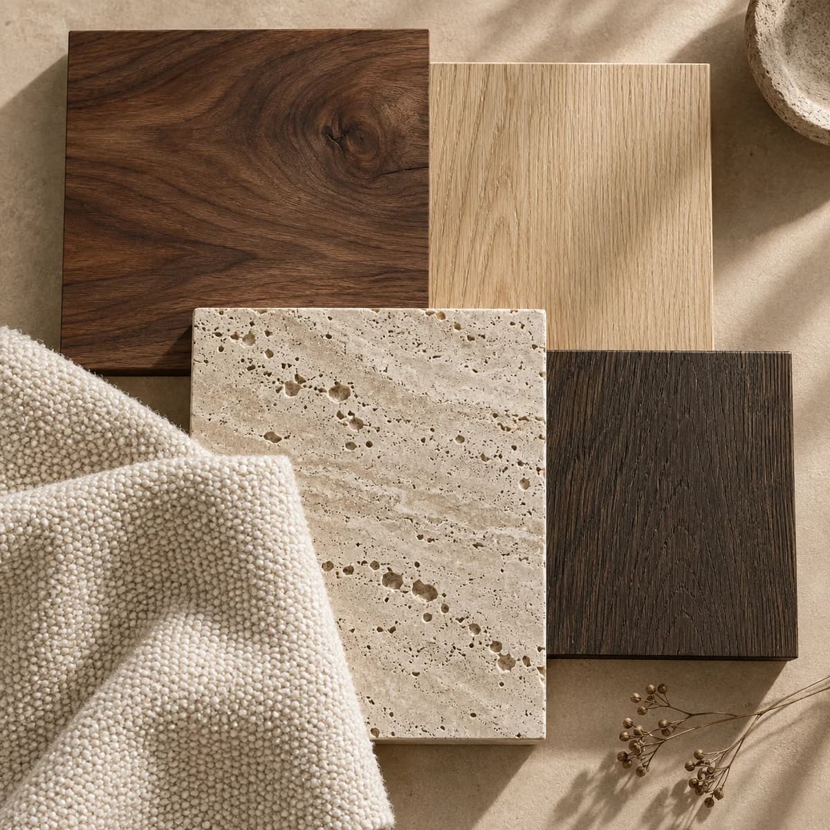 Walnut, pale oak, smoked oak, travertine and bouclé samples arranged on warm sand; AI-generated still life