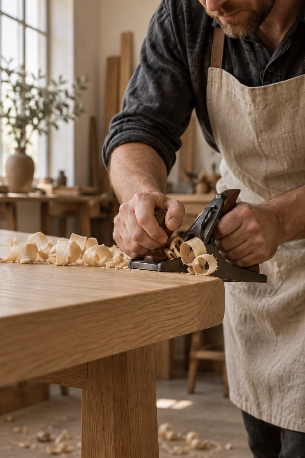 Artisan hands planing an oak tabletop, with curled shavings on a workbench; AI-generated workshop